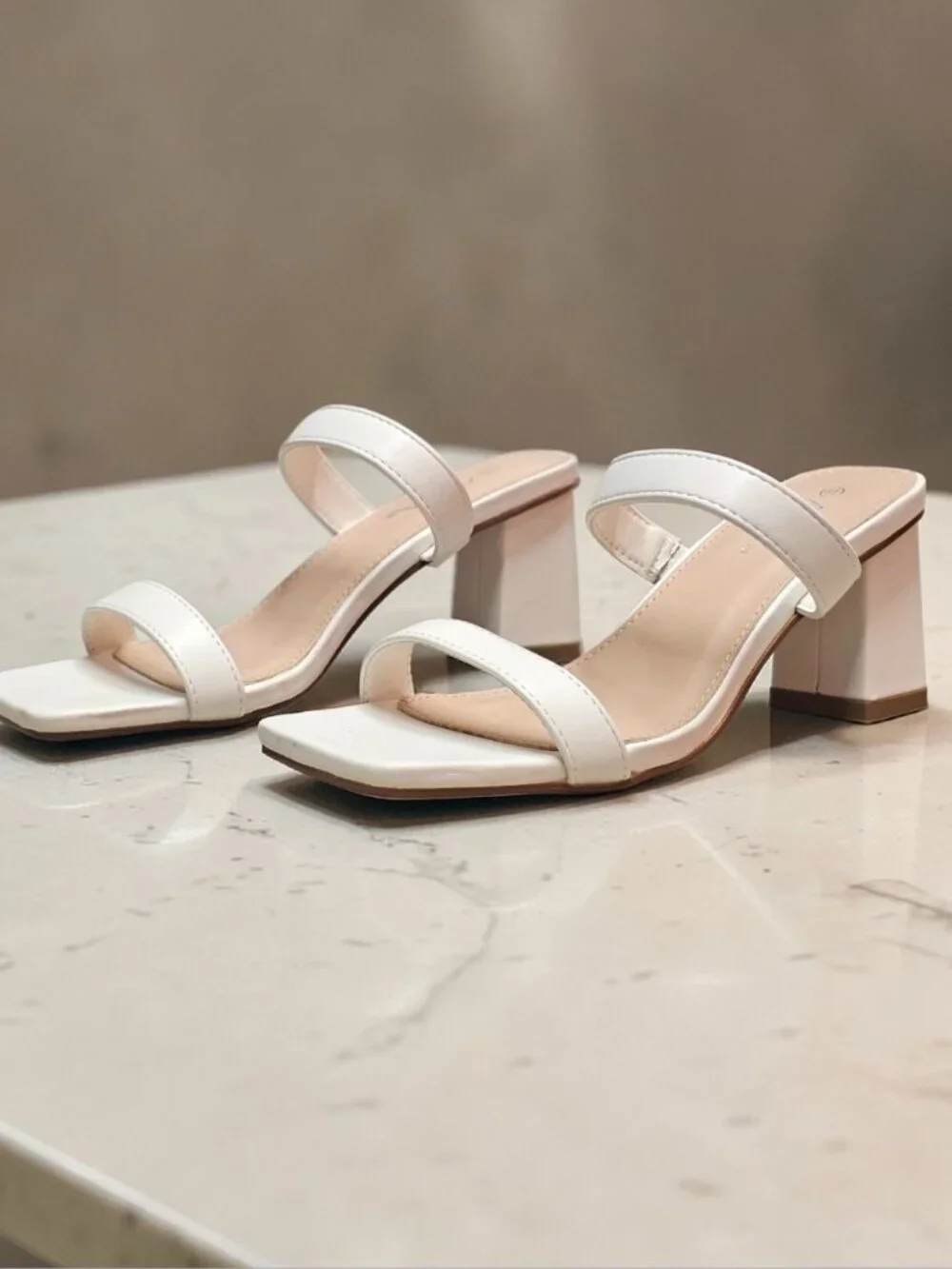 White Faux Leather Block Heel Sandals With Double Straps & Square Toe For Women